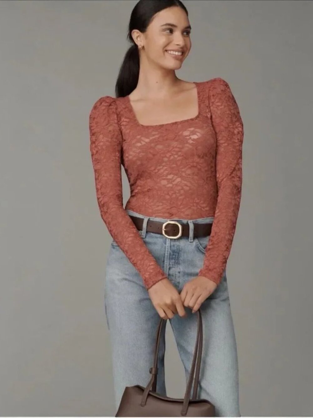Anthropologie NWT Pink Red Floral Lace Sheer Long Puff Sleeve Top